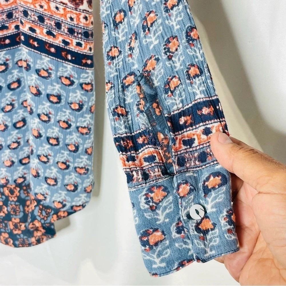 Free People Caravan Patchwork Printed Button Down size XS. Blue and Orange